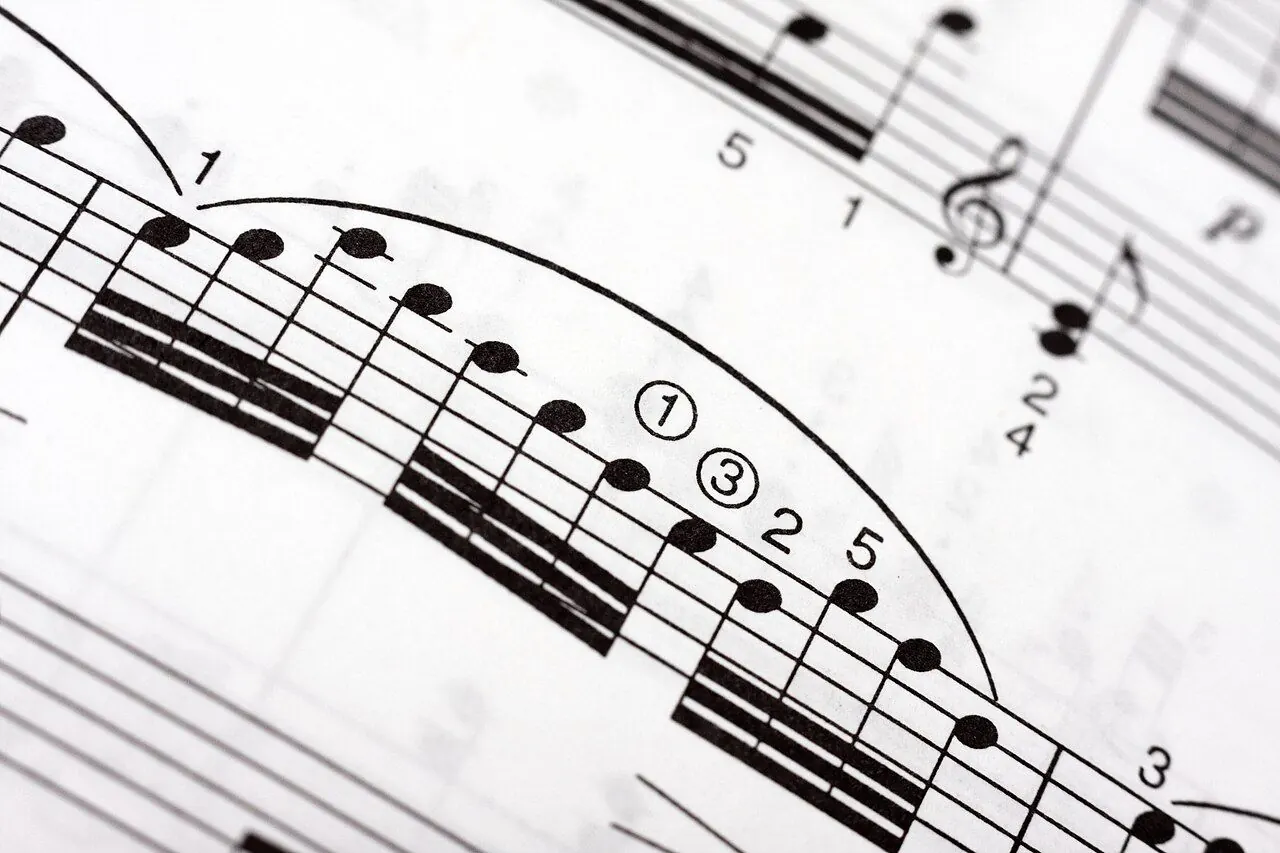 Printed sheet music on a piano music stand